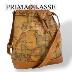 【美品】PRIMA CLASSE  プリマクラッセ ショルダーバッグ 斜め掛け 巾着バッグ 地図柄 ジオマップ ブラウン キャメル PVC レザー ゴールド金具 レディース メンズ カバン ブランド 本物 鞄 肩掛け ポシェット 総柄 かばんのサムネイル