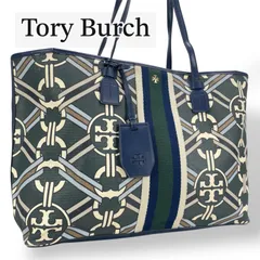 Tory Burch トリーバーチ トートバッグ ハンドバッグ ジェミニリンク 総柄 グリーン ネイビー ホワイト ストライプ A4 大容量 チャーム付き コーティングキャンバス レザー レディース カバン 美品 本物 鞄