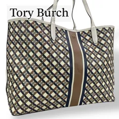 Tory Burch トリーバーチ トートバッグ ハンドバッグ ジェミニリンク 総柄 アイボリー ホワイト ブラウン ネイビー ストライプ A4 大容量 コーティングキャンバス レザー レディース カバン 美品 本物 鞄