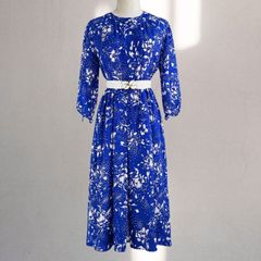 80s-90s Vintage Royal Blue Floral Print Dress, Sheer, Three-Quarter Sleeves