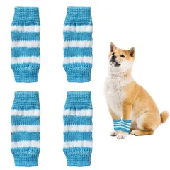 ペット レッグウォーマー 犬 ソックス 4枚入り 可愛い おしゃれ 柔らかい 温かい 猫 犬用 レッグソックス レッグガード 関節プロテクター 舐め防止 けが予防 関節保護 膝保護 傷保護 冬 防寒 汚れ防止 室内 屋外 散歩 小型犬 中型犬 4色 (ブルー,のサムネイル
