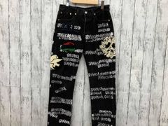 美品】ロエベ グラフィティデニムパンツ 総柄 ロゴ刻印ボタン レザー