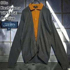 80s JEAN PAUL GAULTIER VINTAGE Archive ギミック ドッキング フェイクレイヤード ニット カーディガン ポロ 襟付 天然 貝ボタン グレー マスタード イエロー 1980年代 樫山製 初期 深水光太 OURS Mサイズ相当のサムネイル