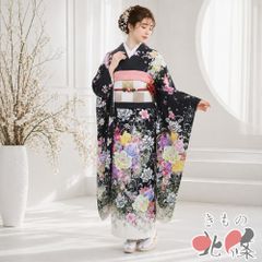 振袖フルセット◇黒◇花柄◇成人式◇裄64.5◇正絹◇草履バックセット