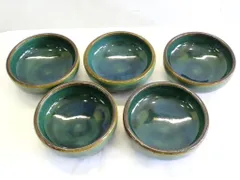 【231202】 小樽焼 小樽窯 緑玉織部 結晶釉 14cm中鉢 美品 骨董品 5枚セットのサムネイル