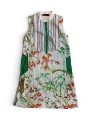 美品　VIVIENNE TAM ヴィヴィアンタム　ノースリーブワンピース　シャツワンピ　総柄　サイズ1　コットン　シルク混　ポケット付　パンチデザイン　グリーン　ホワイトのサムネイル