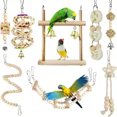 インコ おもちゃ 8点セット 木製 鳥のおもちゃ 吊り下げ 噛む玩具 ブランコ はしご 止まり木 オウム セキセイインコ オカメインコ バードトイ 遊び場 (8点セット A)