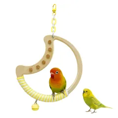 鳥 おもちゃ 木製 ブランコ 小・中型鳥用 回転式 止まり木 月形 天然木 セキセイインコ 文鳥 オカメインコ ラブバード オウム 用 吊り下げ 噛む玩具 コルク 付き 屋内 屋外 遊び場 (ナチュラル)