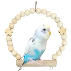 日本製 小鳥 ブランコ セキセイインコ 文鳥 スイング 天然木 おもちゃ アスレチック ステンレス ケージ用 フラワービーズ 鳥用バードトイ シンプル タイプJY (ウッド, Sサイズ)