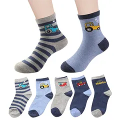5足セット 男の子 キッズ 子供 ベビー 靴下 くつした ソックス はたらく車 のりもの 乗り物 綿80％ コットンメイン 丈夫 毛玉が出来にくい クルー丈 ミドル丈 保育園 幼稚園 無地 可愛い 子供服 ベビー服 働く13-16センチ