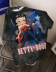 Betty Boop　ベティちゃん　Tシャツ　黒　ブラック　ラウンドネック　ベティブープ　ロックTシャツ ゆったりサイズ　練習着　ダンスレッスン着　ルームウェア　部屋着　可愛い　アメコミ　キャラクター　レトロ　ギフト　プレゼント　海外製品のサムネイル