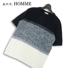 未使用★ a.v.v. HOMME アーヴェヴェオム 春夏 麻 リネン 半袖 切替 ボーダー セーター サマー ニット Tシャツ Sz.L メンズのサムネイル