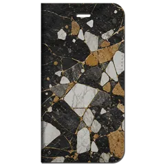 iPhone対応 スマホ 手帳型ケース 夏 テラゾー チャコールブラック マットゴールド 大理石 マーブル 天然石 砂岩 テクスチャ 抽象画 スマホケース スタンド 【iPhone17 / iPhone16 他 iPhone各機種対応】 |iasmst06のサムネイル