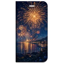 iPhone対応 スマホ 手帳型ケース 夏 花火 夜空 水鏡 ミッドナイトブルー ゴールド エモい 風景 記憶の夏 水面に映る花火 ノスタルジー スマホケース スタンド 【iPhone17 / iPhone16 他 iPhone各機種対応】 |iasmem03のサムネイル
