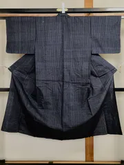 730B【アンティーク着物】単衣 長着 男性用 濃紺系 縞模様 紬風 シックな装い リメイク素材にも ？？のサムネイル