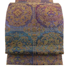 【美品】 袋帯 逸品 佐波理 落款 佐波理綴和奈 華文 格子 金糸 箔 紫 六通 正絹 【中古】のサムネイル