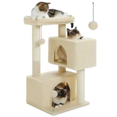 PAWZ Road キャットタワー 低い スリム 大型猫用 省スペース コンパクト 老猫用 シニア 子猫 ステップ 階段替わり 猫ケージ内 窓際 猫タワー 低め 猫爪研ぎ サイザル麻紐 据え置き 多頭飼い 猫ハウス２つ 大きいベッド - Ｍサイズ ベージュ 1のサムネイル