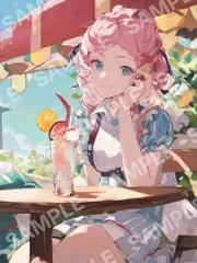 【AIアート】【水彩風イラスト】夏の日差しに輝く少女と涼やかなドリンク アートパネル X441Fのサムネイル