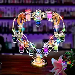 SCOCCAテキーラ観覧車 船 回転する地球儀 LED酒ボトルの表示棚 カクテルグラスホルダー 24カップ LED酒グラス 収納ラック バーホテルKTVナイトクラブに最適 パーティ パーティ 装飾品 祝日の雰囲気作り ナイトクラブ（ワイングラスは含まれません）のサムネイル