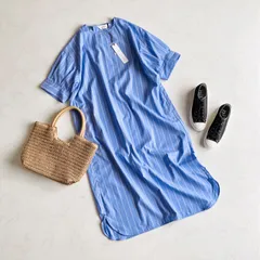 natural by clip コットン ストライプ プルオーバー ワンピース ボリュームスリーブ ゆったり ポケット有り ブルーのサムネイル