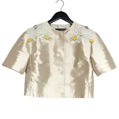 良品 DOLCE&GABBANA ドルチェ&ガッバーナ フラワーレース ショートスリーブ シルク ノーカラージャケット サイズ36 ベージュ レディース 古着 中古 USEDのサムネイル