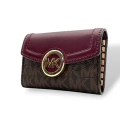 良品 マイケルコース MICHAEL KORS キーケース 鍵入れ 6連 MKシグネチャー サークルロゴ PVC レザー ブラウン 茶 ワインレッド ボルドー ゴールド金具 エレガント クラシック バイカラー レディース ウィメンズ 小物 デイリー  M5