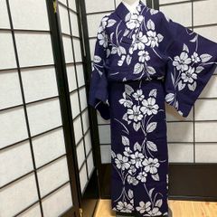 着物リメイク 浴衣 ギャザー ワンピース 紺系 花柄 L - メルカリ