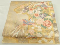 6k203 袋帯　絹　桃山色に地山24金箔　九百錦　唐織　鴛鴦　花柄　和装　着物 平和屋本店▽六通柄袋帯 唐織 九百錦 桃山色紙に地山 24金箔 正絹 逸品