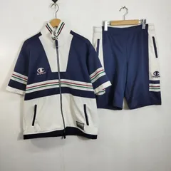90s Champion チャンピオン セットアップ 上下 ジャージ 半袖 トラックジャケット ハーフ パンツ ライン 切替 ロゴ パッチ Y2K ブロケットコア 平成 スポーツ 古着 VINTAGE ネイビー ホワイト M F529