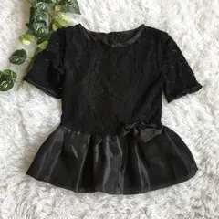 良品✨ レース ペプラム ブラウス ブラック リボン カジュアルのサムネイル