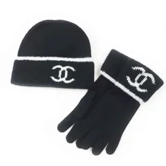 未使用品◎CHANEL シャネル カシミヤ混 ココマーク ニットグローブ／ニットキャップ 2点セット ブラック ホワイト 箱付 イギリス製 正規品のサムネイル