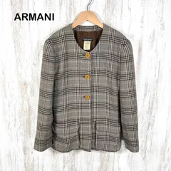 90s GIORGIO ARMANI ヴィンテージ ジョルジオアルマーニ チェック ウール ノーカラージャケット ブラウンのサムネイル