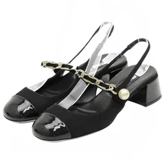 Miu Miu ミュウ ミュウ スリングバックパンプス サイズ 36 レディース エナメル × コットンツイル チェーン × フェイクパール シューズ 革靴 ブラック 黒 イタリア製のサムネイル
