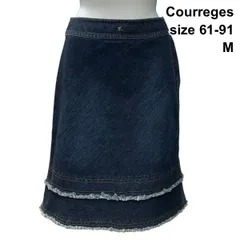 ◇ クレージュ Courreges デニムスカート ひざ丈 フリンジ Aライン ロゴ ティアード風 ストレッチ 紺 綿混 64-91 M 9号 レディース Z6D000のサムネイル