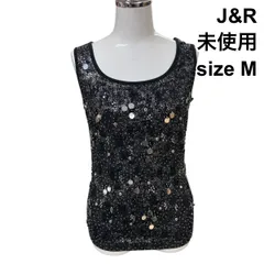 □ 未使用 ジェイアンドアール J&R タンクトップ ラウンドネック ノースリーブ  ビジュービーズ タグ付き 黒 綿混 M 9号 レディース Z6C329のサムネイル