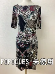FIFILLES フィフィーユ タグ付き未使用 黒にベージュやえんじの柄ワンピース サイズT1のサムネイル