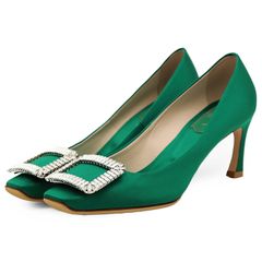 【新品同様】Roger Vivier ロジェヴィヴィエ パンプス サイズ 36 レディース TROMPETTE トランペット シルクサテン クリスタルビジュー ストラスバックル スクエアトゥ ハイヒール シューズ 靴 箱/袋付属 グリーン 緑 イタリア製
