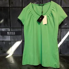 HUGO BOSS Archive ヒューゴボス ギャザー ネック シルク 切り替え 半袖 カットソー Tシャツ レディース ライム グリーン ストレッチ 伸縮性 美ライン インポート トルコ製 高級感 上品 エレガント XSサイズ相当のサムネイル