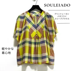 SOULEIADO ソレイアード プリントレーヨン バタフライスリーブブラウス チェック柄 フレアスリーブ 総柄 36 A048のサムネイル