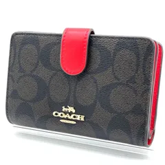 コーチ COACH 二つ折り財布 シグネチャー PVC ダークブラウン レッド L字ファスナー IDポケット パスケース付き コンパクトウォレット ミニ財布 レディース メンズ ゴールドロゴ 総柄 バイカラー 小銭入れ カード収納 ウォレット 通勤 通学 人気のサムネイル