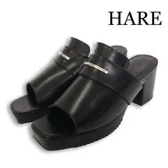 【美品】HARE ハレ 春夏★ フェイクレザー オープントゥ ヒール 厚底 ミュール サンダル Sz.L レディース 黒のサムネイル