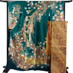 振袖 身丈163.5cm 裄丈64cm M 袷 袋帯フルセット 花車 桜 金糸 金銀彩 緑 正絹 秀品 【中古】のサムネイル