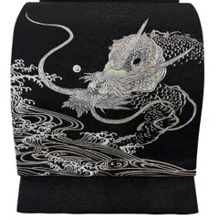 袋帯 逸品 龍 波 銀通し ラメ 黒 お太鼓柄 正絹 【中古】のサムネイル