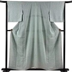 小紋 身丈156cm 裄丈64.5cm M 袷 松井青々 落款 幾何学模様 灰緑 正絹 名品 一つ紋 【中古】のサムネイル
