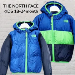 【美品】ノースフェイス　THE NORTH FACE　550フィル　リバーシブルダウンジャケット　キッズ　ベビー　85　90　1歳半　2歳　ブルー　青　ネイビー　グースダウン　袖ミトン付き　ロゴ刺繍　アウトドア　韓国　古着のサムネイル