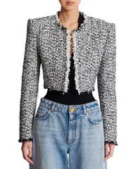 バルマン レディース アウター ジャケット・ブルゾン ツイード クロップド ジャケット Balmain Cropped Tweed Jacket Black ブラックのサムネイル
