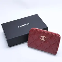 極美品 CHANEL シャネル カメリア型押し マトラッセ ラウンドファスナー コインケース 26番台 カーフスキン キルティング ココマーク ボルドー ゴールド金具 中古 4a004263