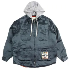 美品△GUCCI グッチ 604112 WORLD WIDE ロゴワッペン フード付き 中綿入 ジップアップ シャツジャケット ダークグレー系 44 伊製 正規品のサムネイル
