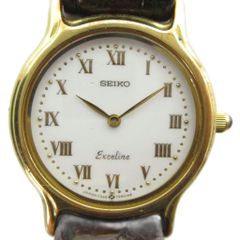 Seiko 7320-0390 Exceline Quartz Watch, Roman Numerals, Leather Strap, Gold Tone ■GY18 /MQ