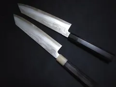 城山刃物製作所(堺業務用刃物メーカー直売)八寸切付け型和牛刀(ギザあり、なしいずれか一点)　青一鋼ダマスカス　黒檀八角水牛柄(口輪の水牛白黒選択可)のサムネイル
